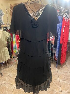 Patra Black Layered Chiffon Midi Dress with Rosette